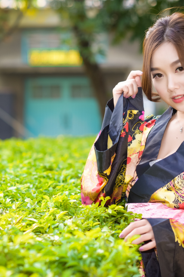 Девушка в кимоно стоит у зеленого куста