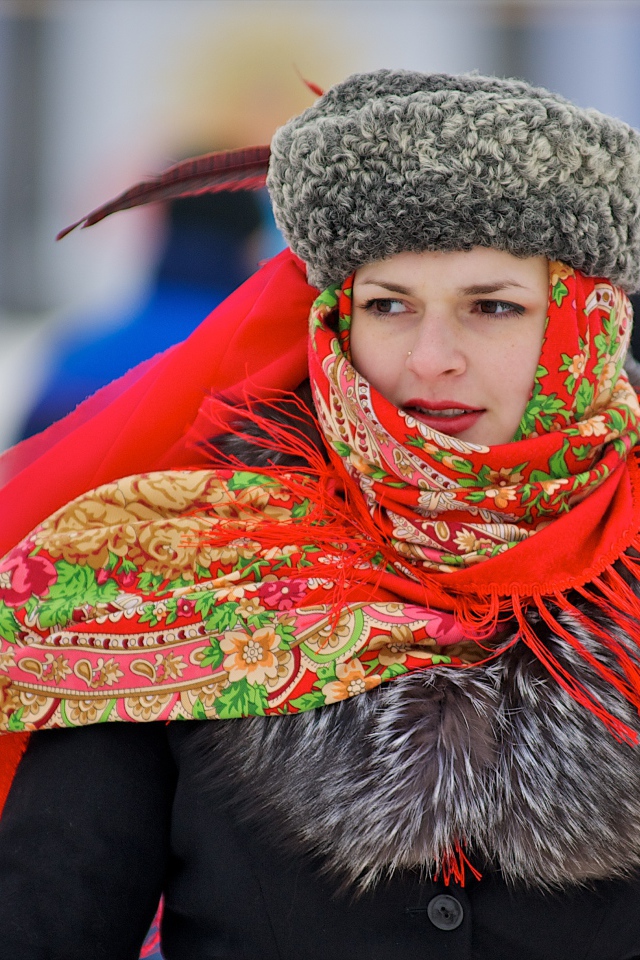 Russian girl with a red scarf on her head