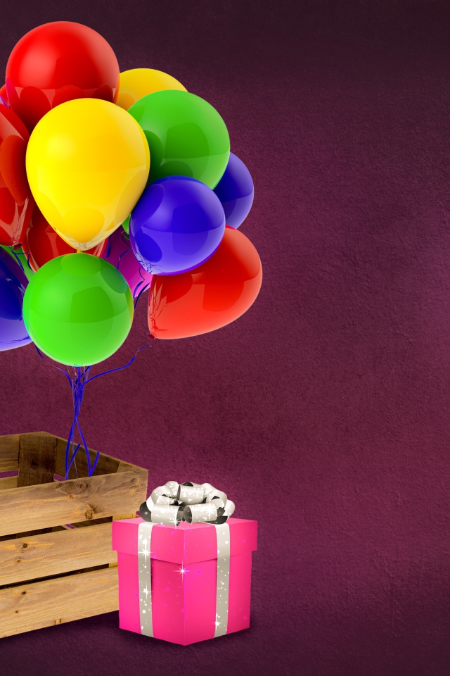 Деревянный ящик с подарком и шариками 