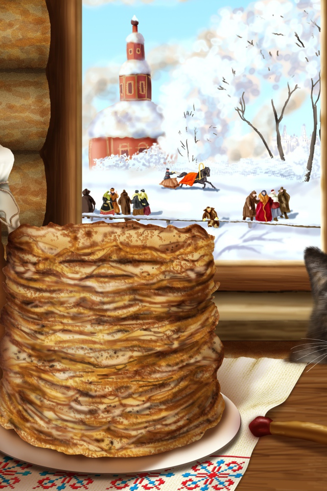 Кот сидит у стола с блинами на Масленицу