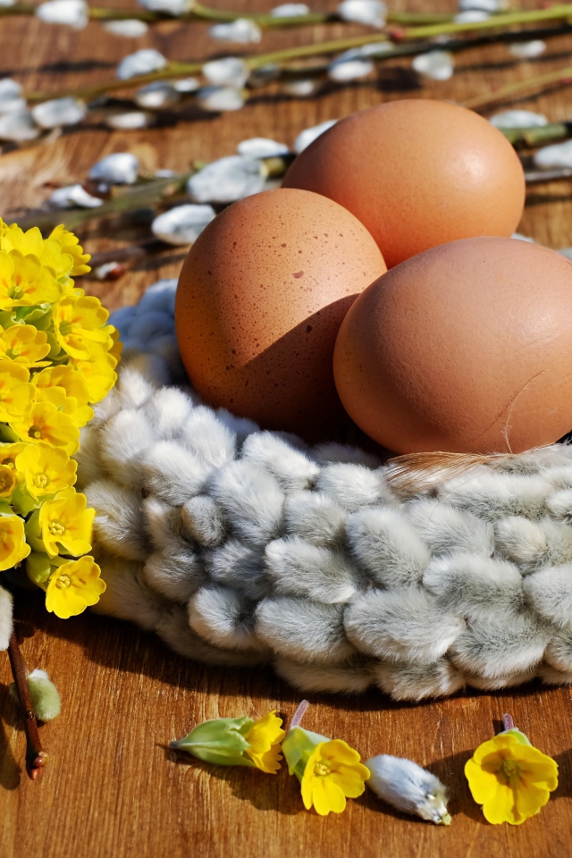 Три яйца с желтыми цветами и вербой
