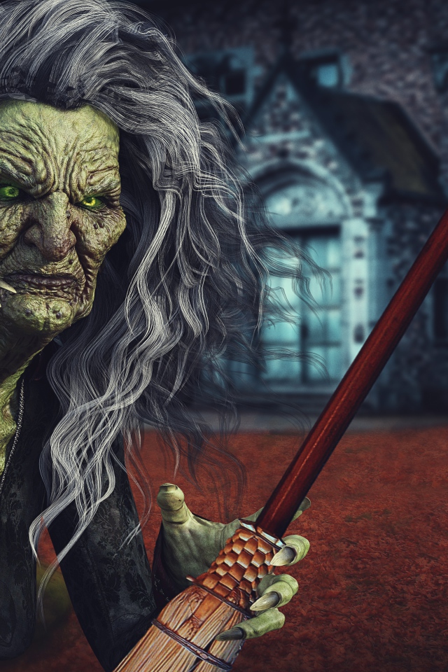 Старая ведьма с метлой на праздник Хэллоуин