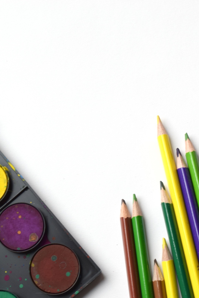 Разноцветные карандаши и краски на белом фоне