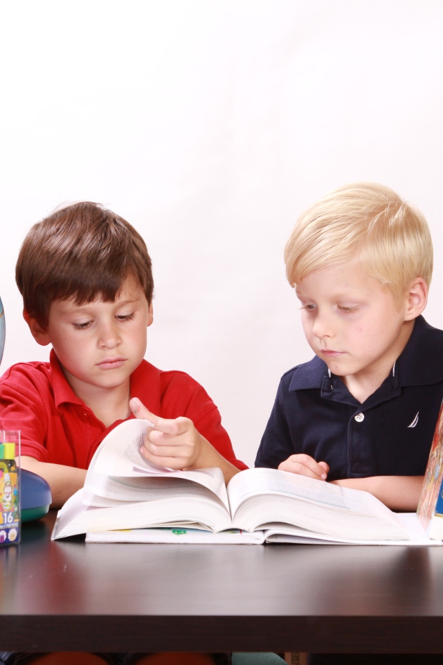 Два мальчика школьника с книгами и глобусом за столом