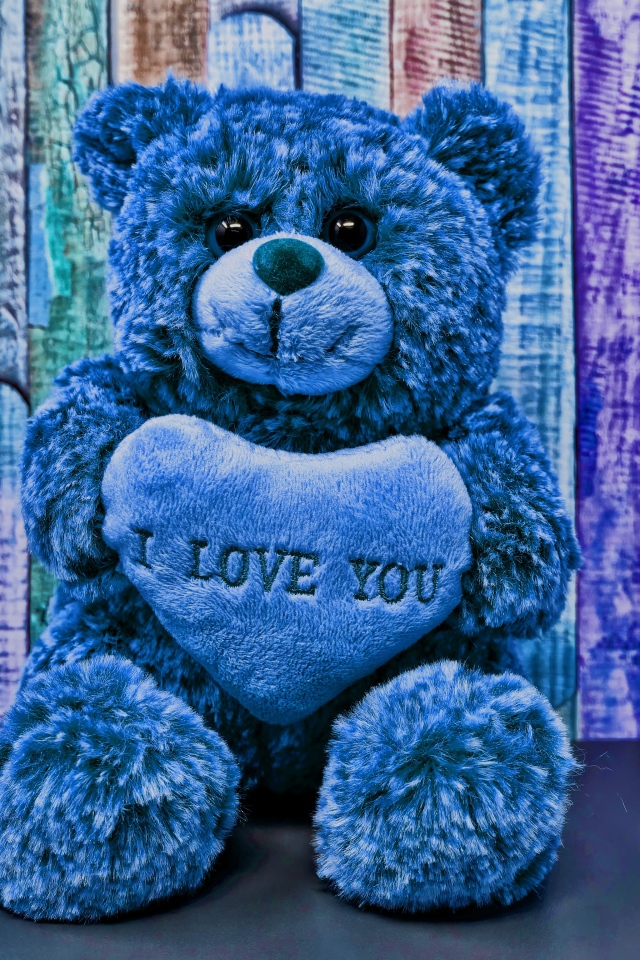 Синий медведь с сердцем на фоне забора