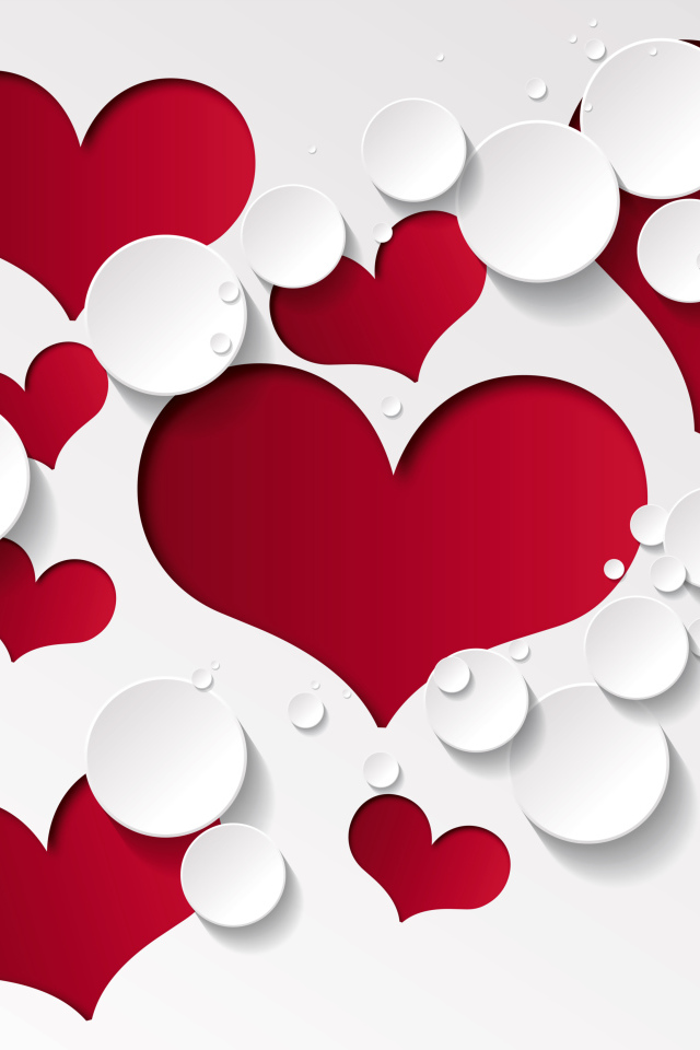 Красные сердечки и белые круги на белом фоне