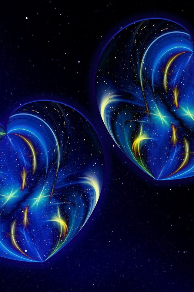 Два красивых неоновых сердца на синем фоне