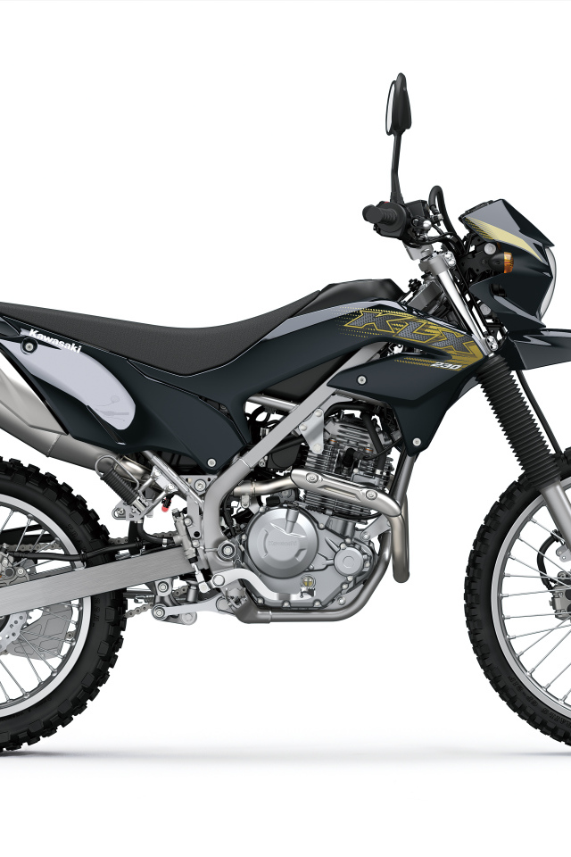 Гоночный мотоцикл Kawasaki KLX230 на белом фоне