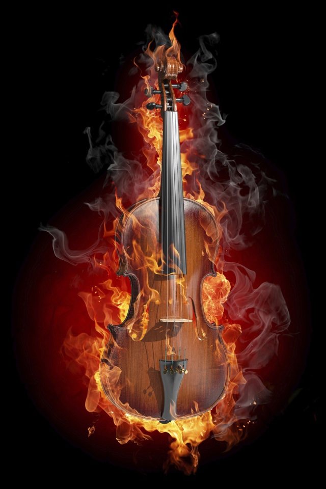 Burning violin on black background