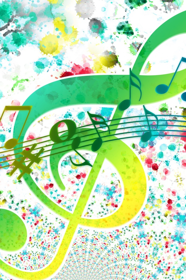 Разноцветный нотный ряд на белом фоне с пятнами 