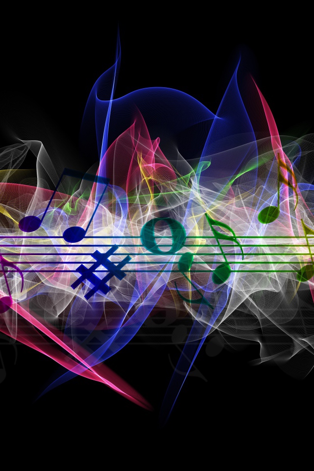 Нотный ряд с разноцветными волнами на черном фоне