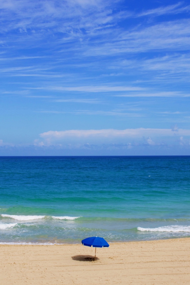 Зонтики на пляже у океана под голубым небом летом