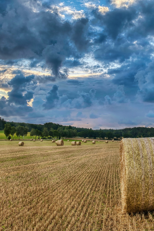 Сноп сена на поле под красивым грозовым небом 