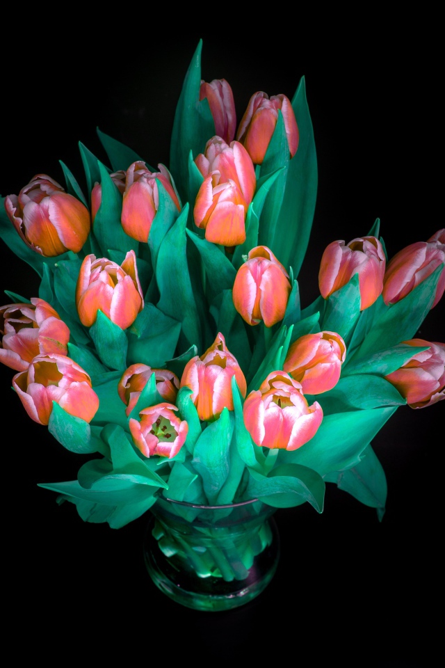 Красивый букет тюльпанов в вазе на черном фоне
