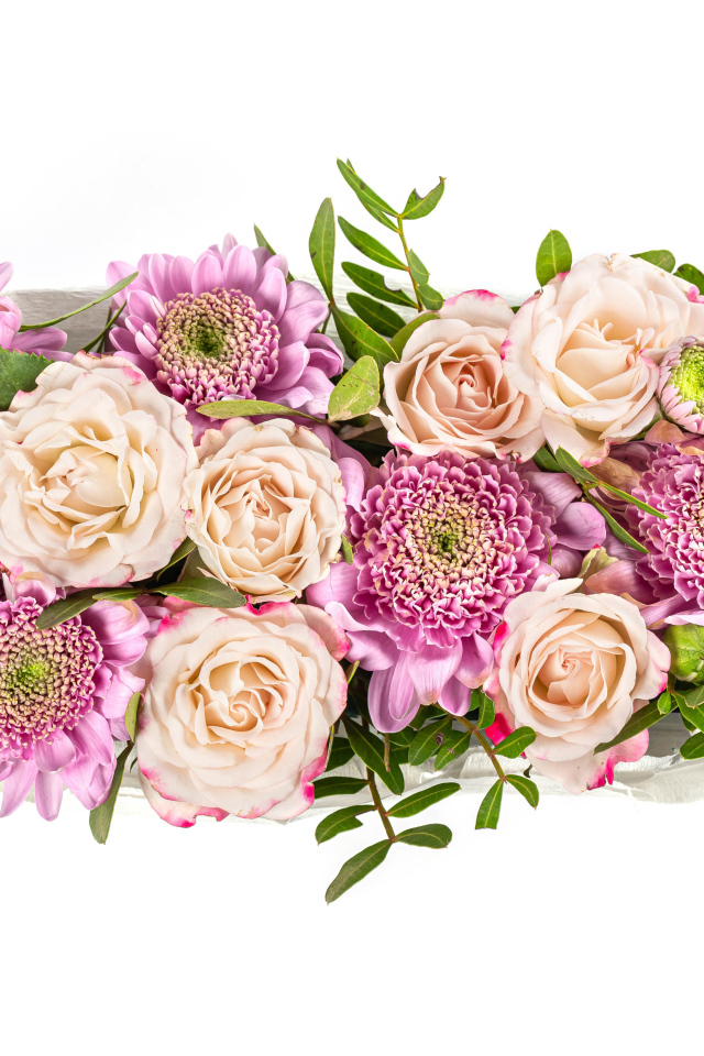 Букет хризантем с белыми розами на белом фоне 
