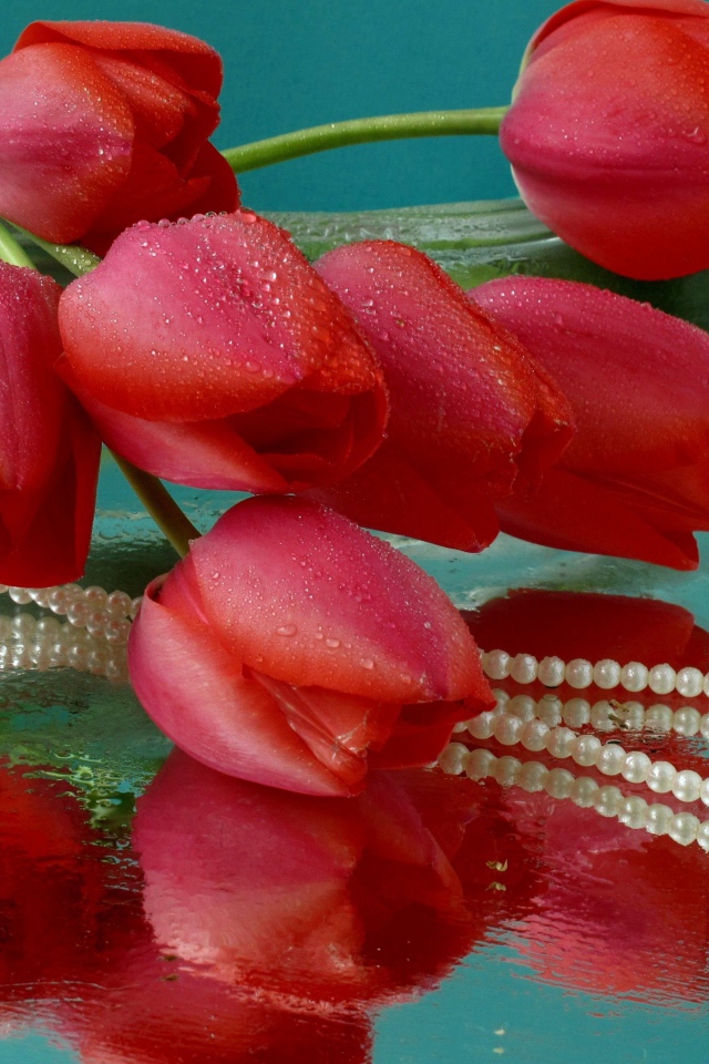 Букет красных тюльпанов и жемчужные бусы