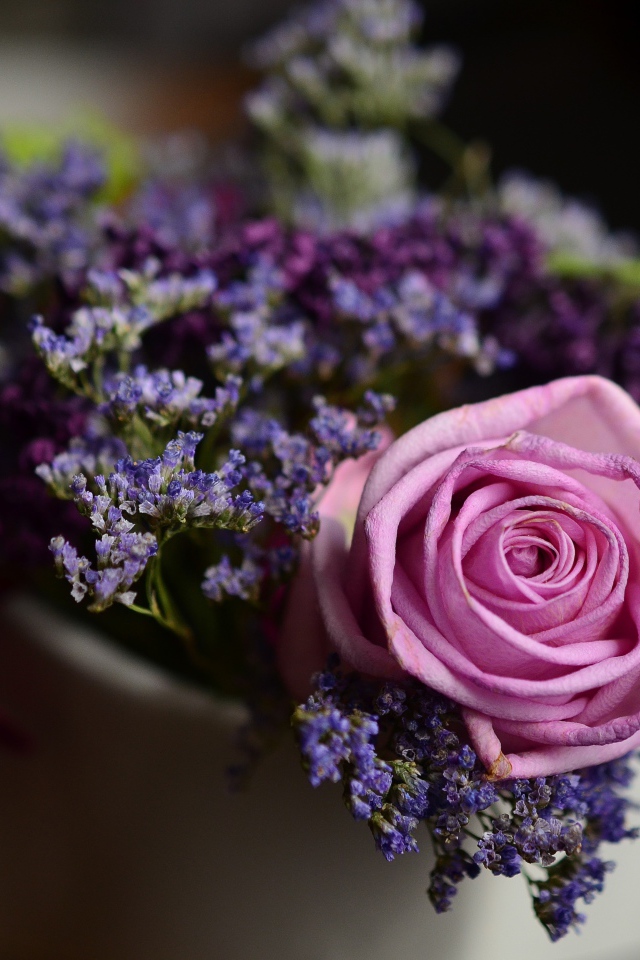 Розовая роза с синими цветами в вазе