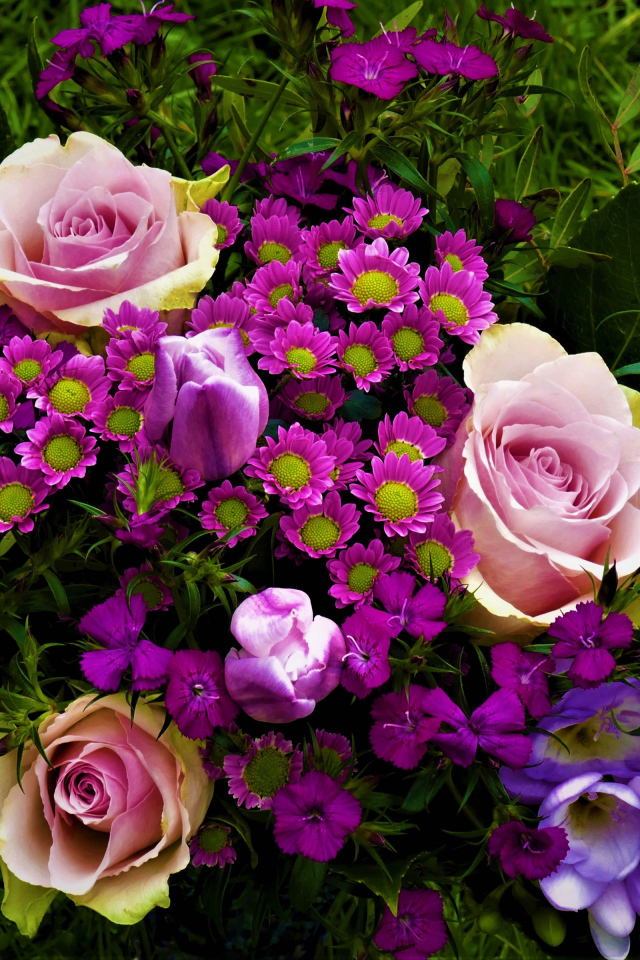 Розы, крокусы и хризантемы на зеленой траве