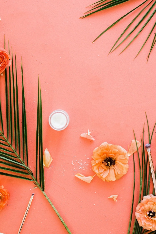 Розы и листья пальмы на розовом фоне 