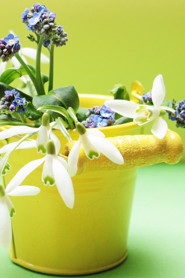 Маленькое желтое ведерко с весенними цветами