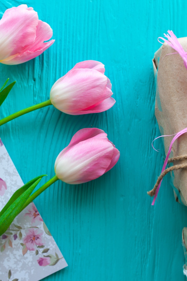 Три розовых тюльпана на голубом столе с подарками