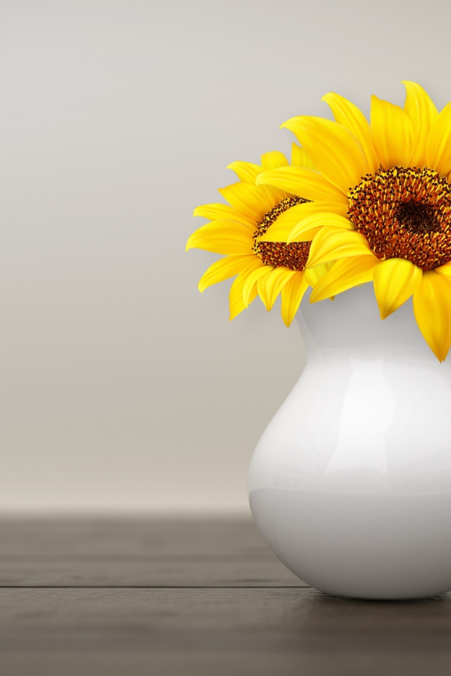 Два цветка подсолнуха в белой вазе на фоне стены