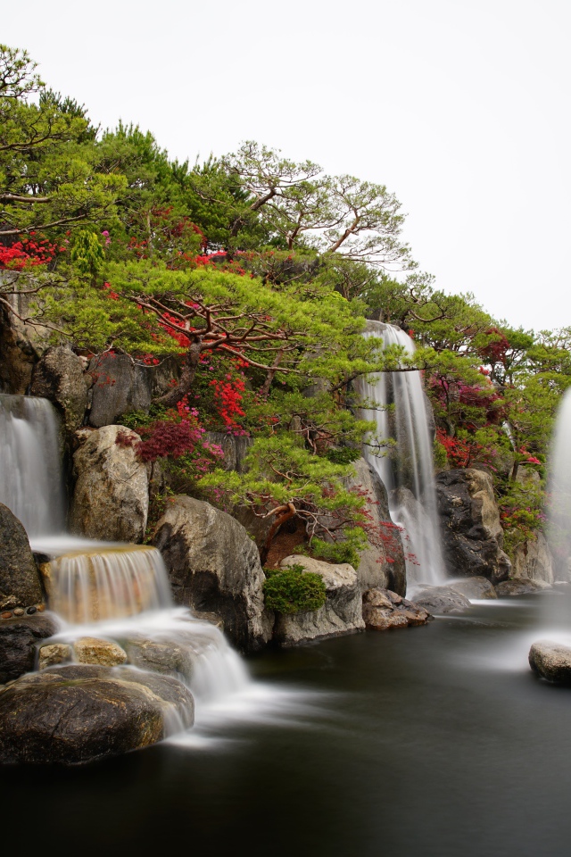 Водопады в красивом саду с зелеными деревьями