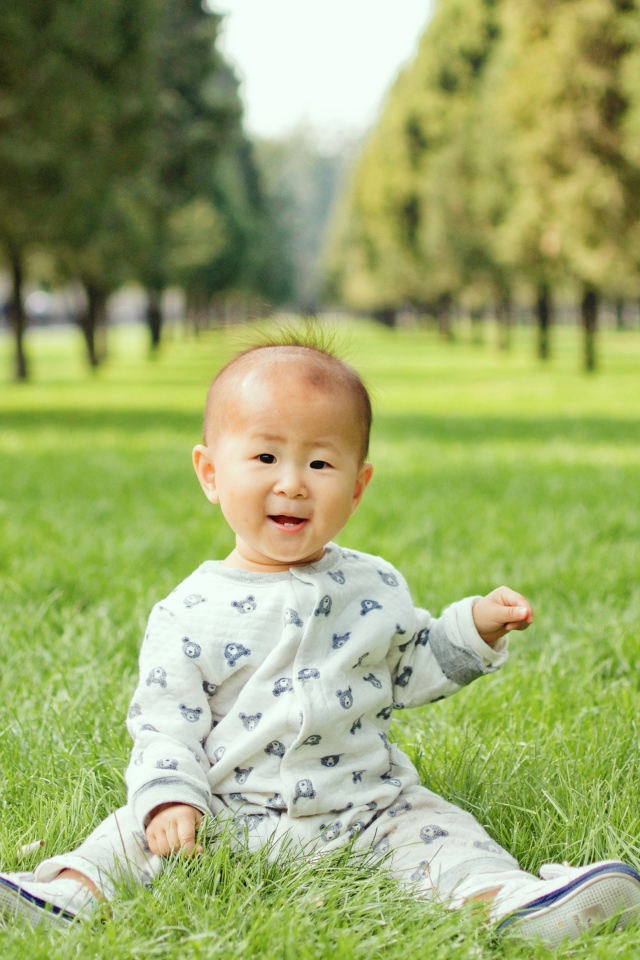 Маленький ребенок азиат сидит на зеленой траве 