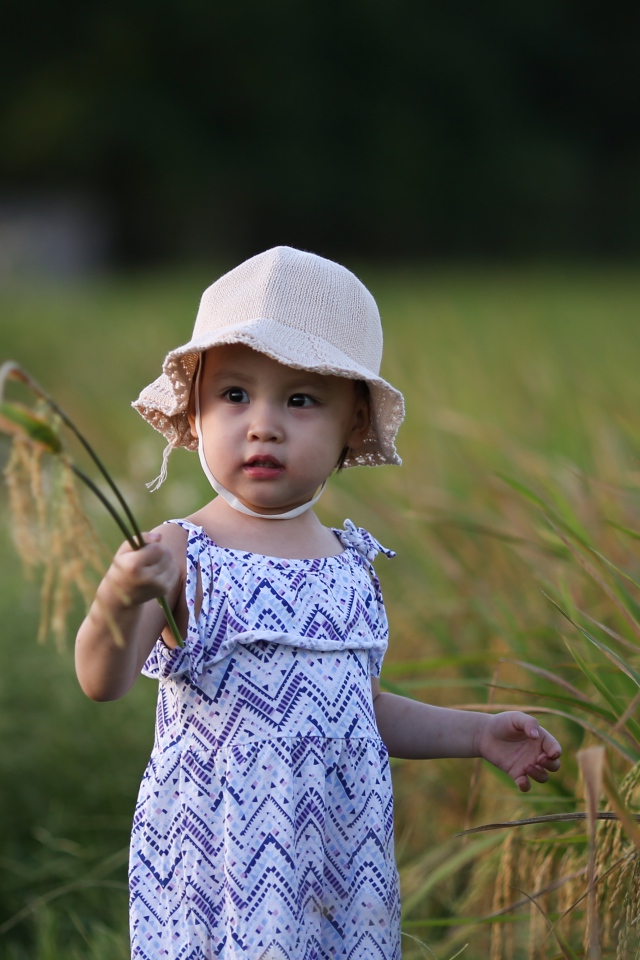 Маленькая девочка азиатка стоит в траве