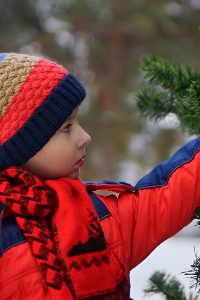 Маленькая девочка снимает красный шар с елки 