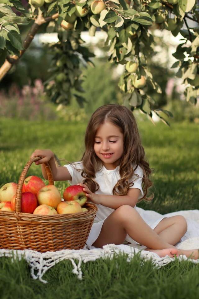 Маленькая девочка с корзиной яблок на траве 