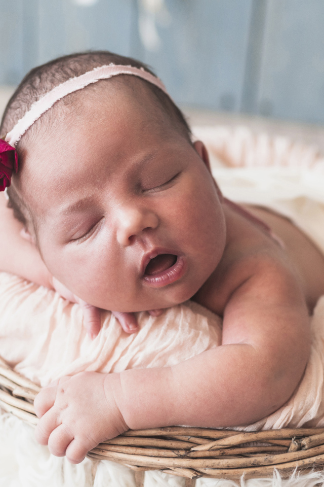 Новорожденная девочка лежит в корзине 