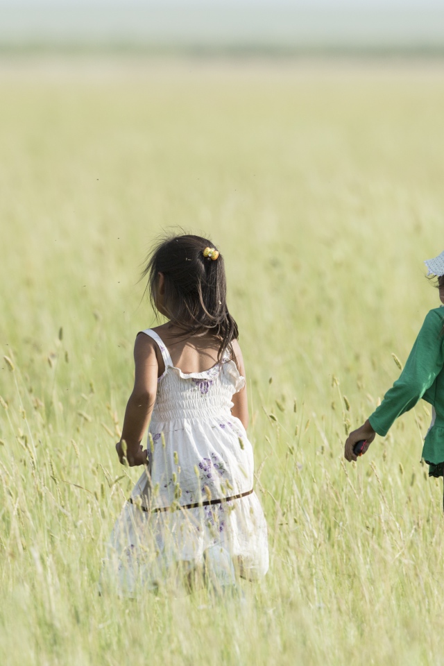 Две маленькие девочки гуляют по полю 