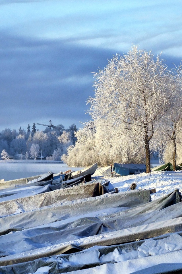 Накрытые лодки на берегу озера зимой