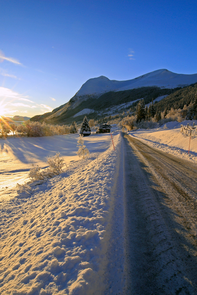 Скользкая зимняя дорога в лучах яркого солнца