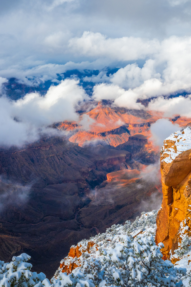 Вид на Гранд каньон под белыми облаками,США
