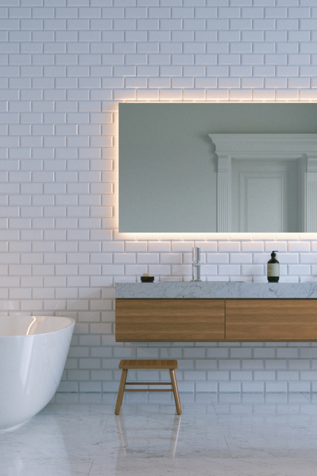Ванная комната с белыми кирпичными стенами