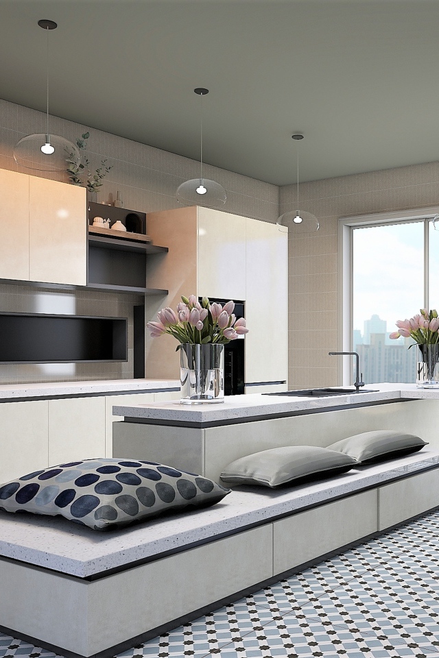 Красивая просторная кухня в сером цвете 