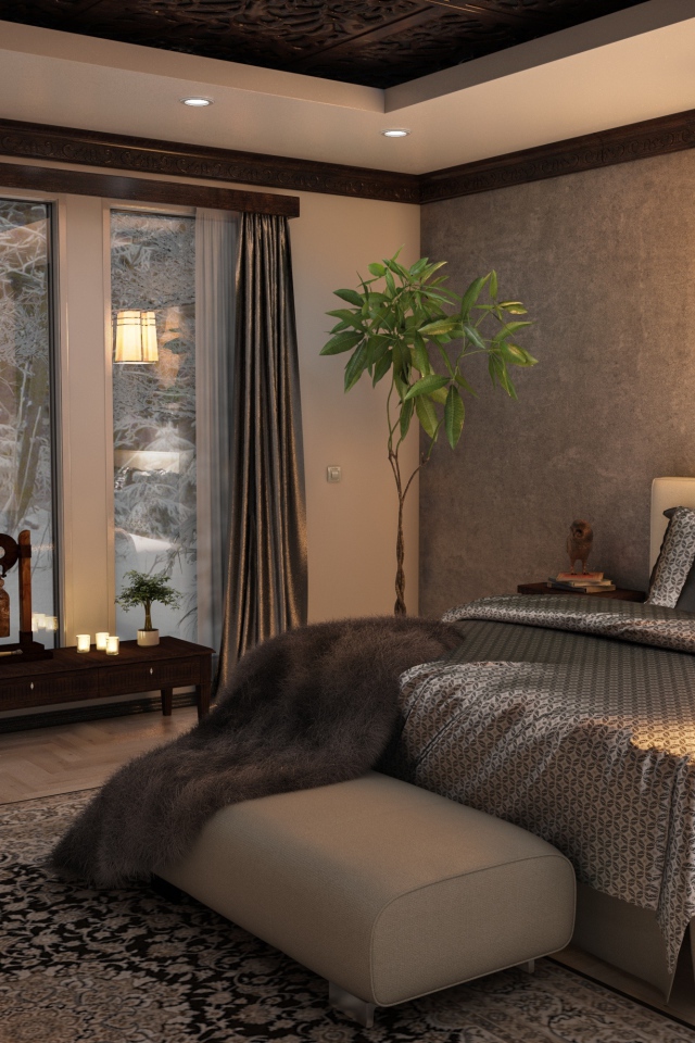 Кровать с красивым шелковым покрывалом в комнате с большим окном 