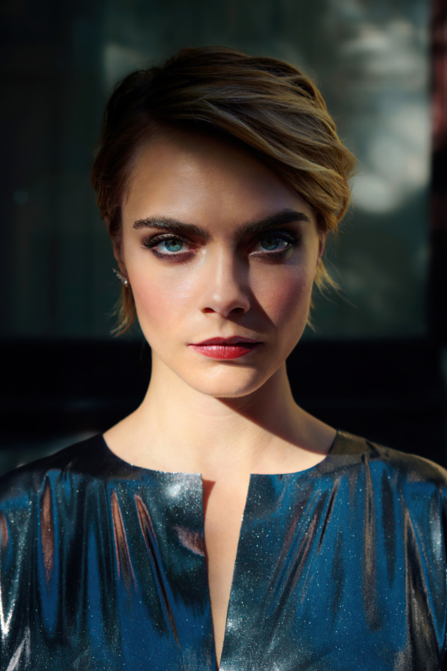 Яркая голубоглазая девушка Кара Делевинь в платье