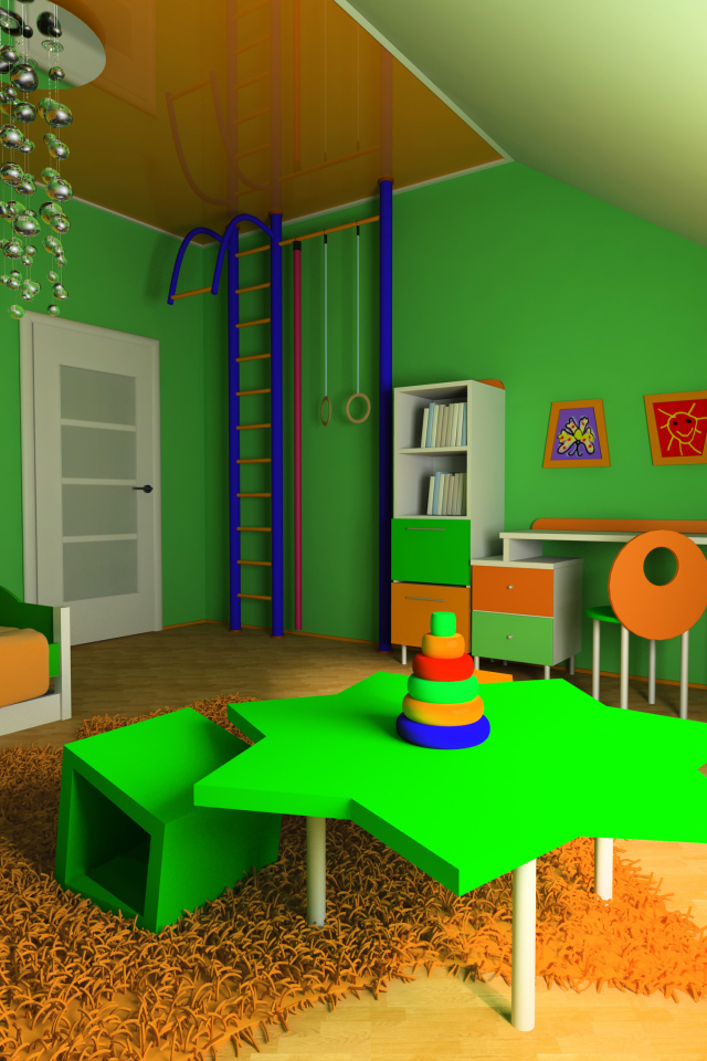 Детская комната с зелеными стенами и мебелью 