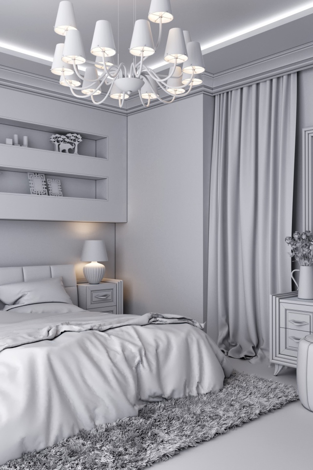 Серый интерьер спальной комнаты с большой люстрой 
