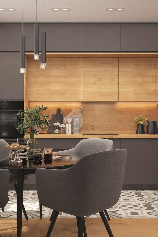 Серая кухня с деревянными вставками 