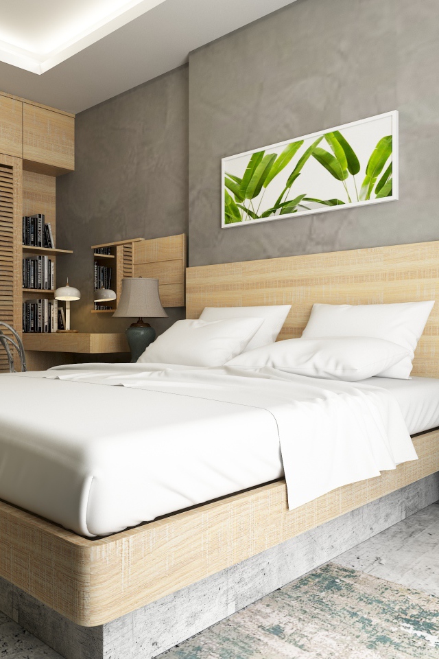 Серые стены с картиной в спальной комнате