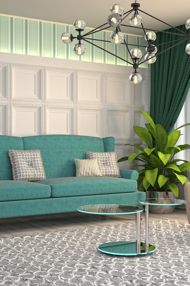 Большой голубой диван в гостиной с балконом