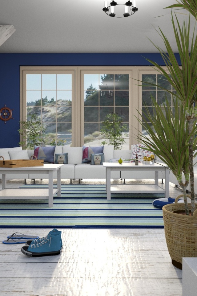 Большая просторная гостиная в бело-голубом стиле