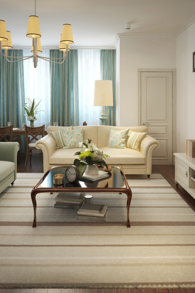 Гостиная комната с голубыми шторами на окне