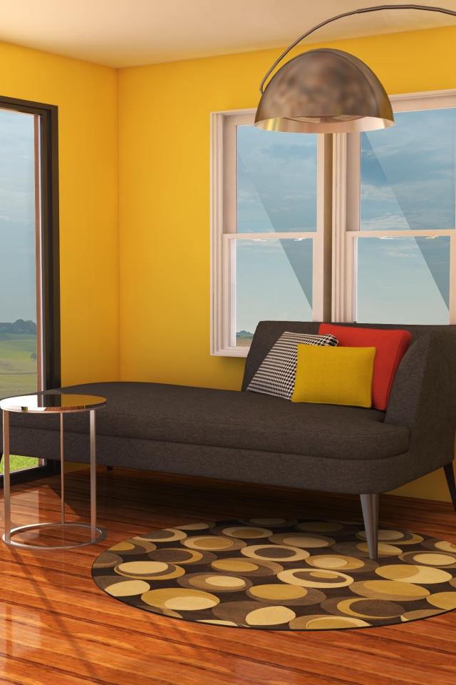 Гостиная комната с диваном, желтыми стенами и большим окном