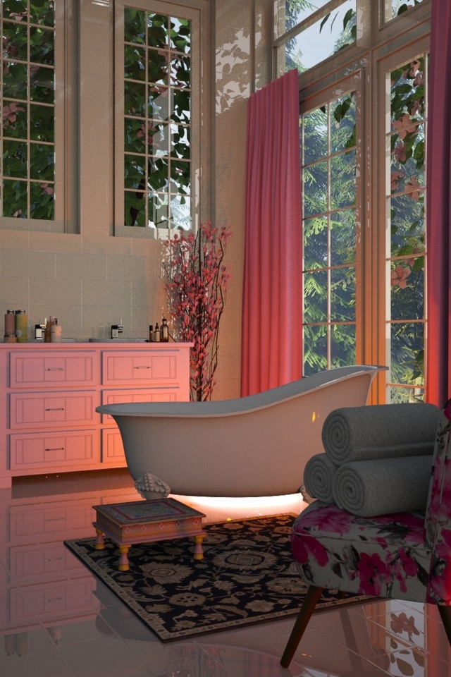 Кресло стоит в ванной комнате с большим окном