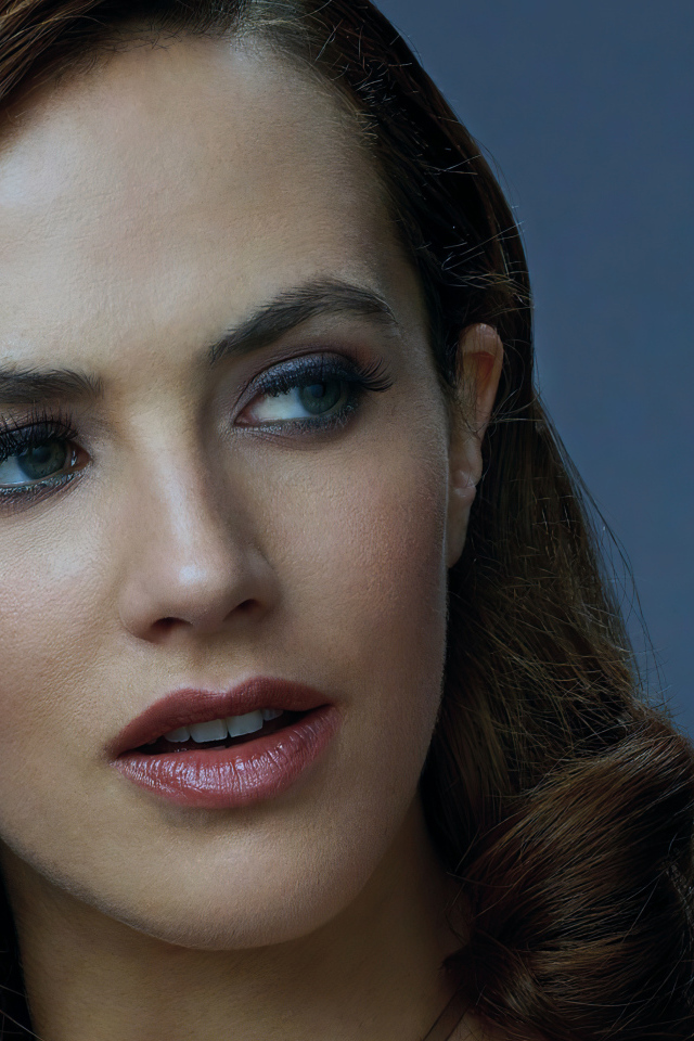 Лицо британской актрисы Джессики Браун-Финдли на сером фоне